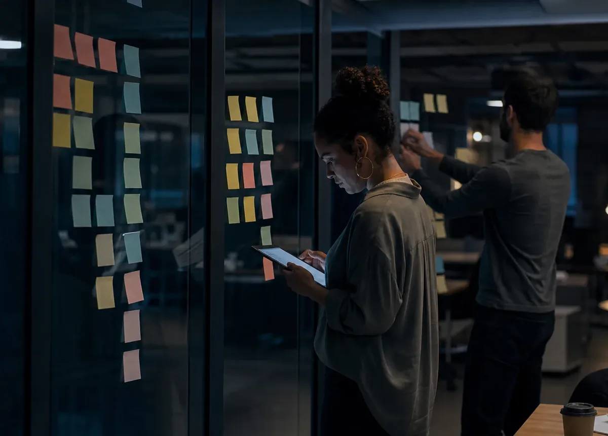 A product team clustering customer feedback notes into themes on a glass wall