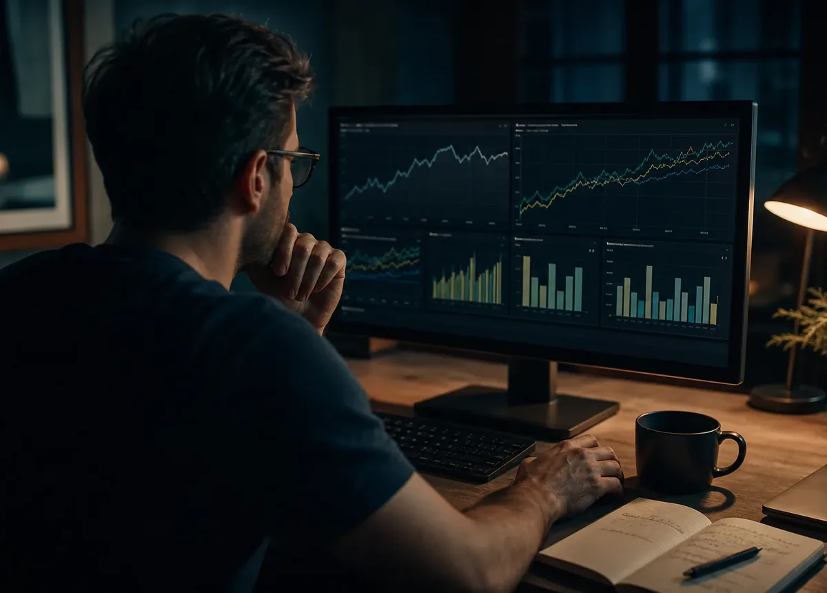 A founder reviewing operational performance dashboards late at night