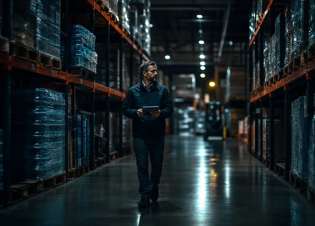 An operations supervisor walking an orderly warehouse aisle at night