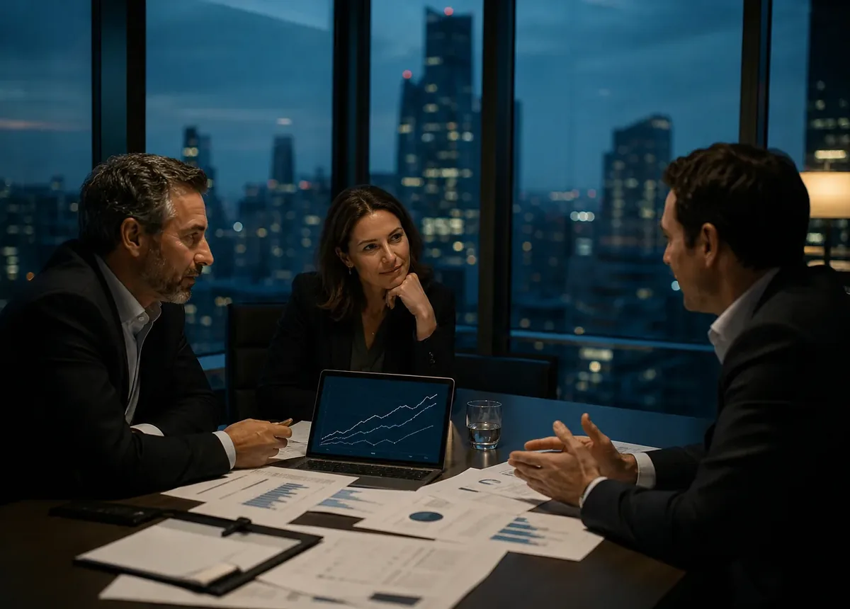 Investors and a portfolio-company executive reviewing growth figures in a deal room