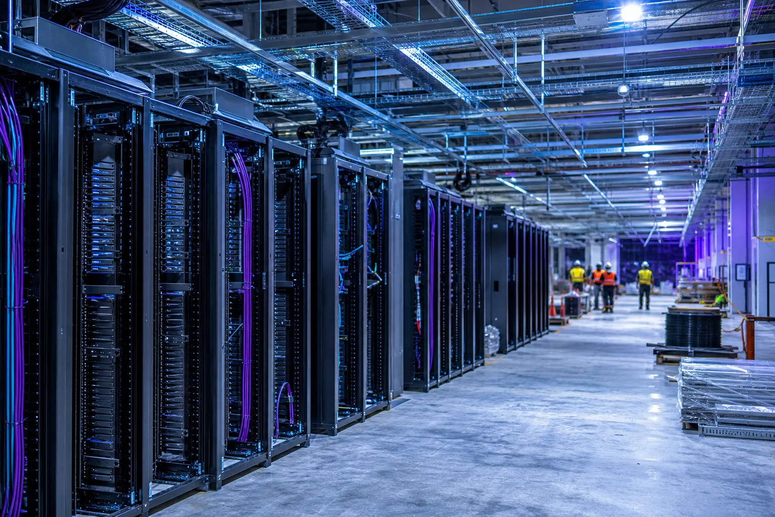 Server racks being installed inside a new Australian data centre hall, with construction crews in the background