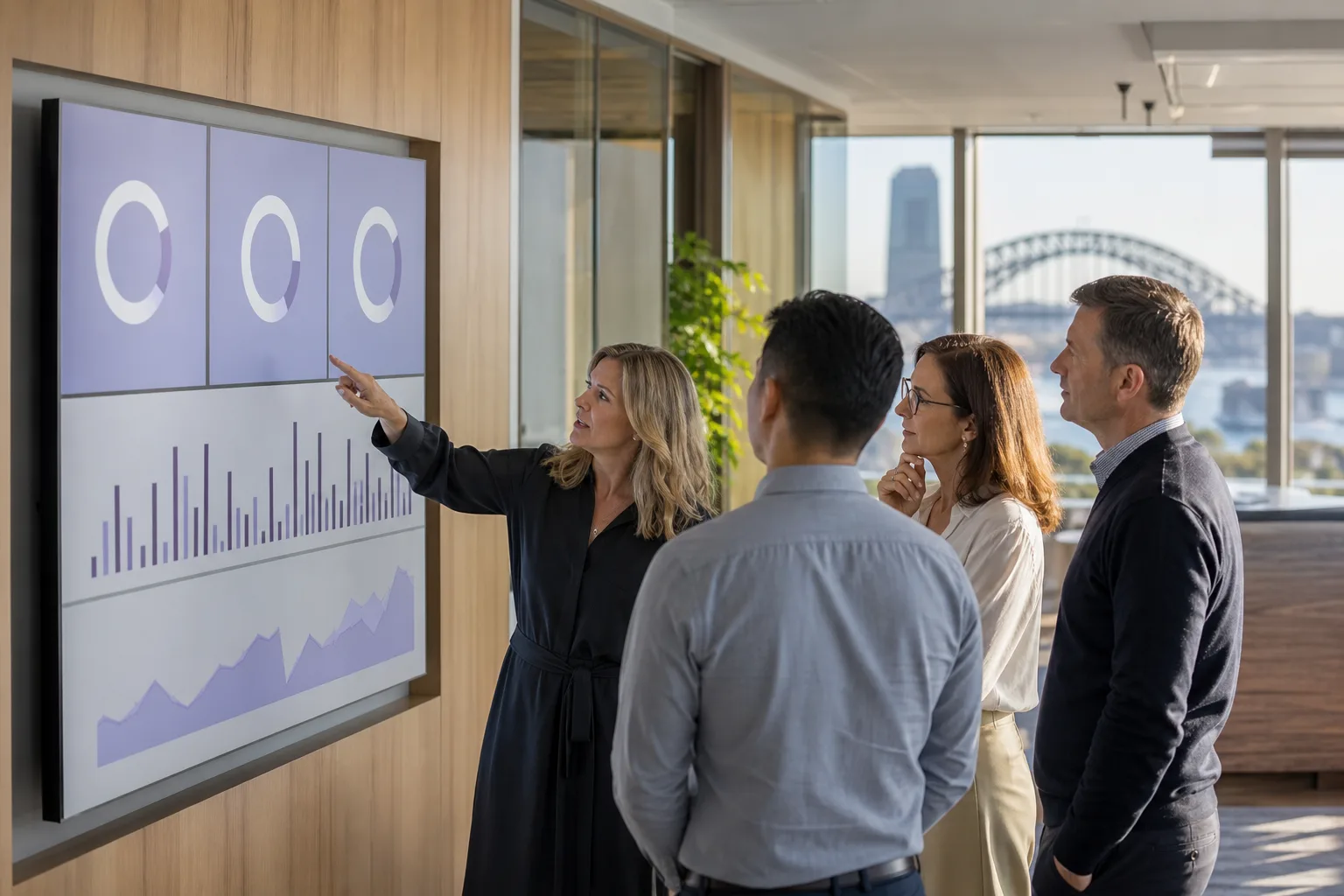 A leadership team reviewing three headline metrics on a wall display in a Sydney office