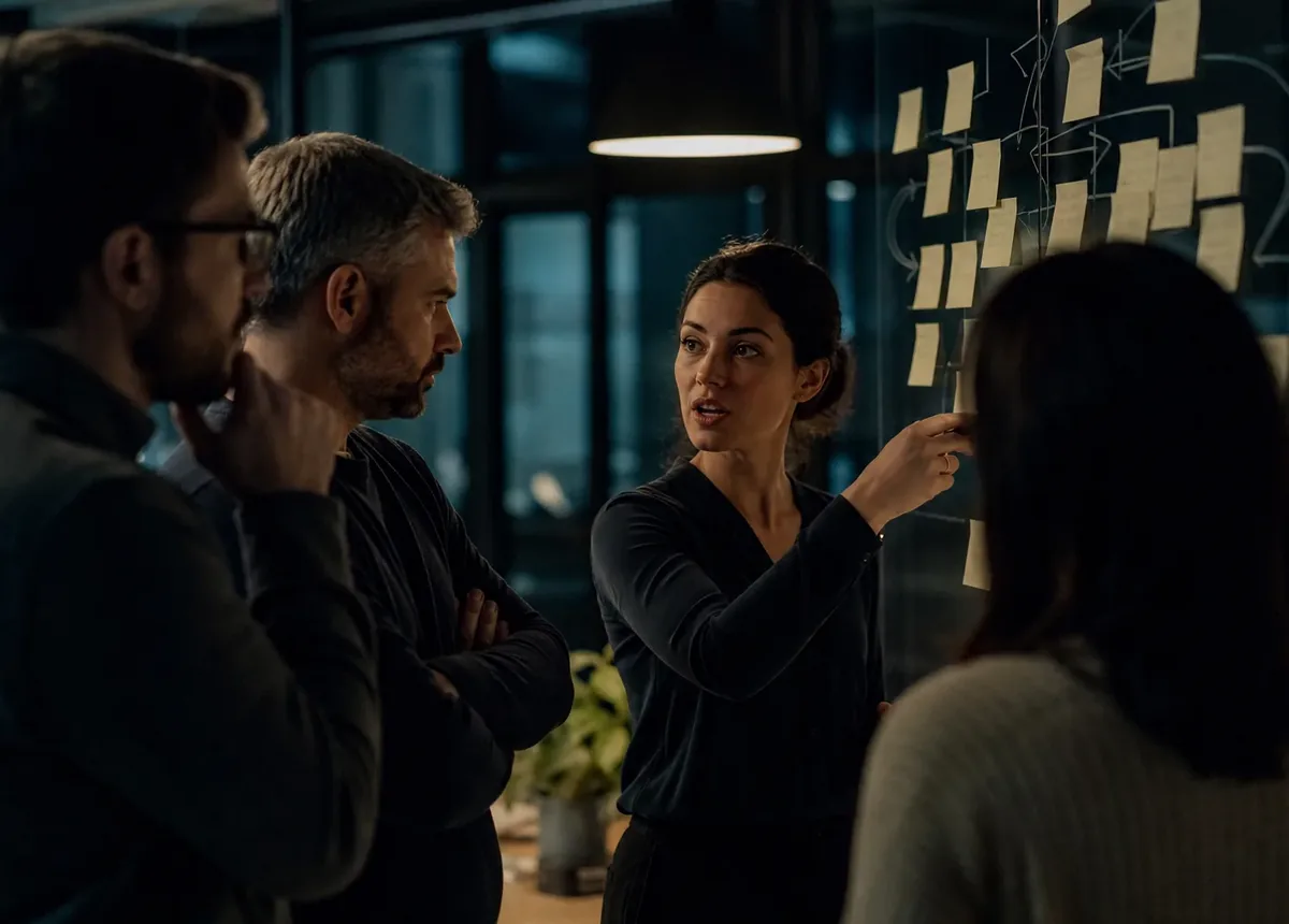 A leadership team mapping out a resilient 2026 strategy on a glass wall