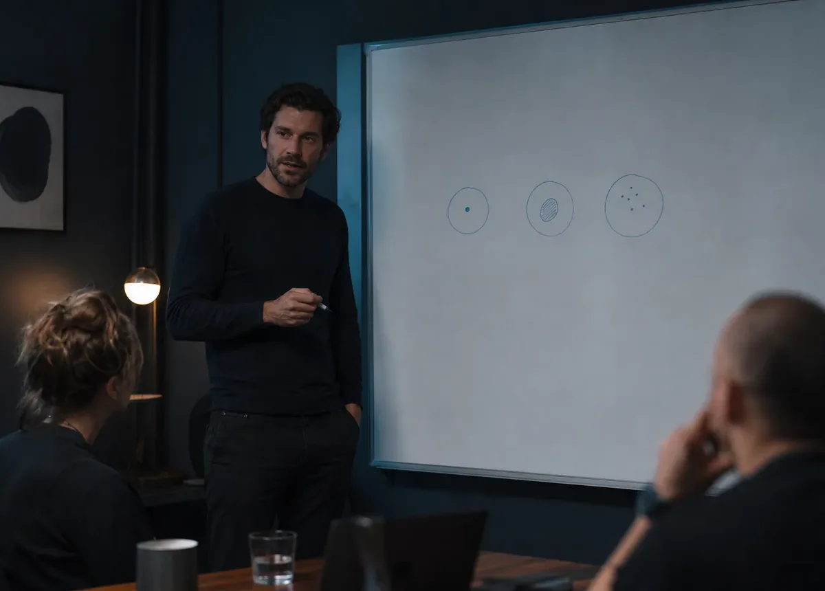 A founder presenting a deliberately sparse strategy to a small team